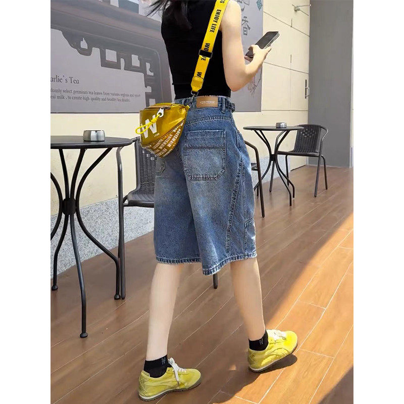 大尺码复古a字五分牛仔短裤女夏季胖mm宽松高腰显瘦直筒阔腿五分