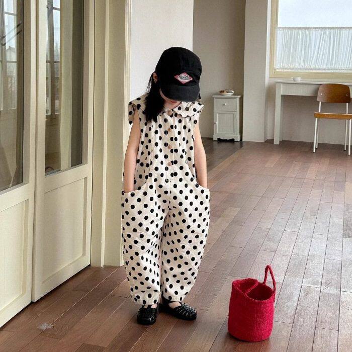 儿童韩版夏季新款休闲宽版连体裤女童日系波点舒适翻领棉布无袖裤