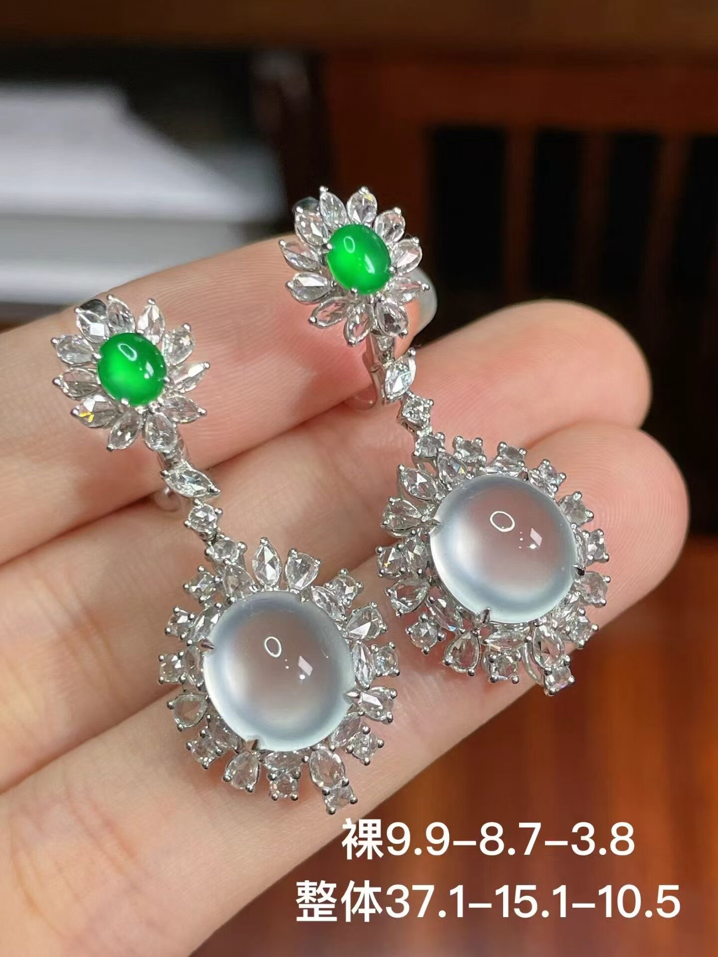 天然缅甸翡翠高冰蛋面耳坠 完美缅甸翡翠