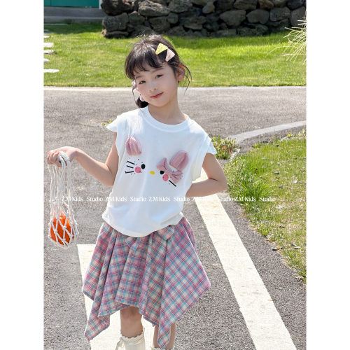 【调皮喵喵】26夏女童两件套儿童背心坎肩上衣格子裙裤