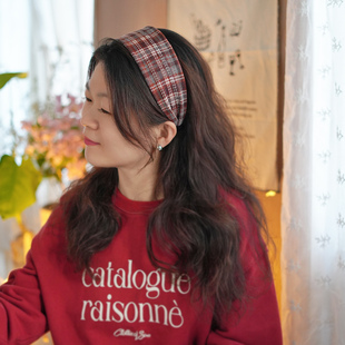 冬季老钱风穿搭学院风咖黄格子宽边发箍女日常外戴新款发旅头箍