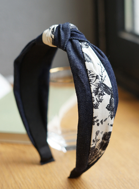 新中式水墨风印花布艺牛仔打结发箍女高颅顶不勒头高级感气质头箍