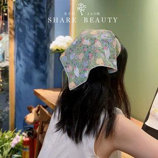 新款日系小清新可爱纯棉小方巾系脖小领巾法式田园风头巾女包头