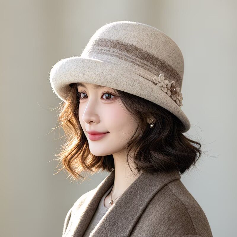 高级感羊毛呢渔夫帽假发一体女秋冬韩版百搭显脸小卷边盆帽小礼帽