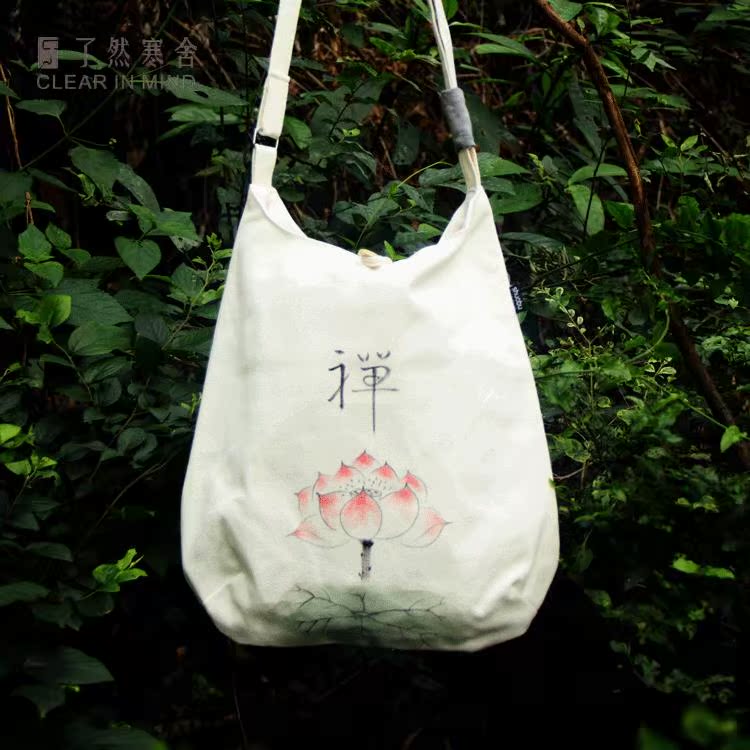 手绘古风佛系包包女中式民族风禅意单肩帆布配汉服的斜挎包中国风