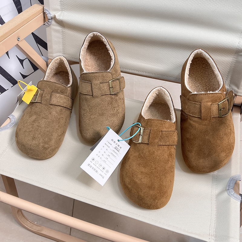 反绒皮勃肯鞋女加绒保暖一脚蹬懒人鞋休闲软底棉鞋