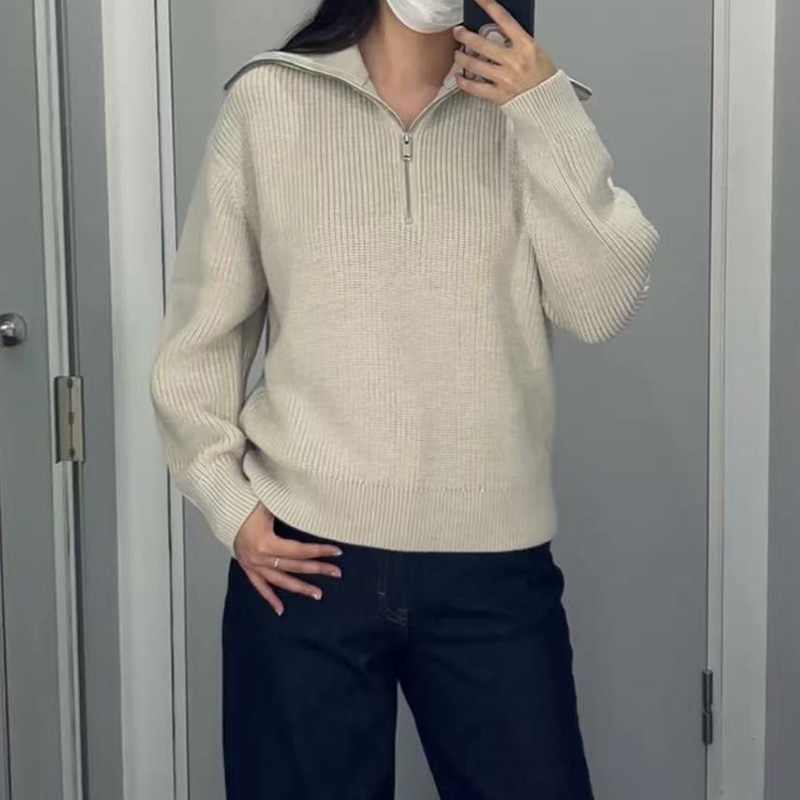 北欧小众！ G890＋ 气质休闲半拉链条纹翻领长袖针织衫女毛衣