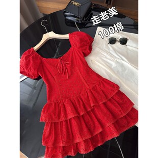 走老美 复古红显白重工镂空纯棉减龄蛋糕裙女连衣裙 35美金
