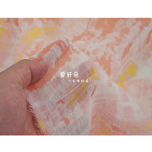 透气亲肤扎染晕染薄纱纯棉亚麻布料橘黄白色连衣裙旗袍设计师面料