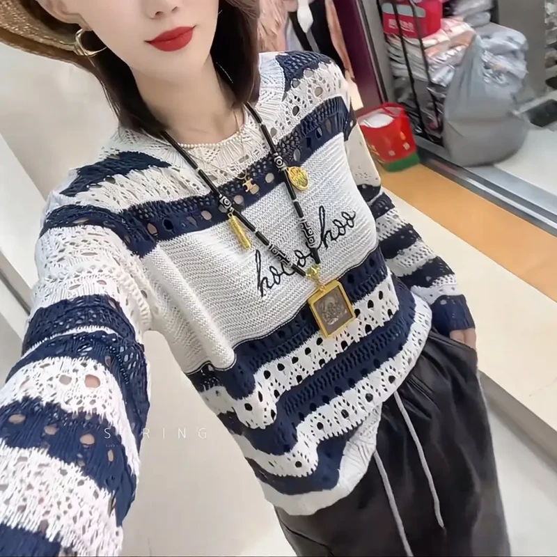 琦琦针织衫流行穿搭镂空轻薄针织罩衫森系条纹毛针织衫长袖上衣女