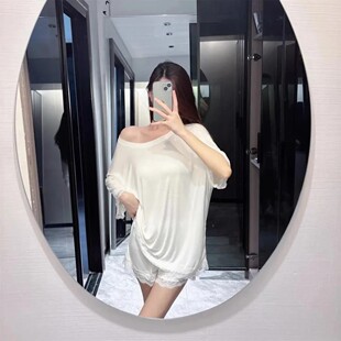 家居服宽松T恤 套装 织物甄选韩系ins纯欲风蕾丝睡衣女款 斜肩短裤