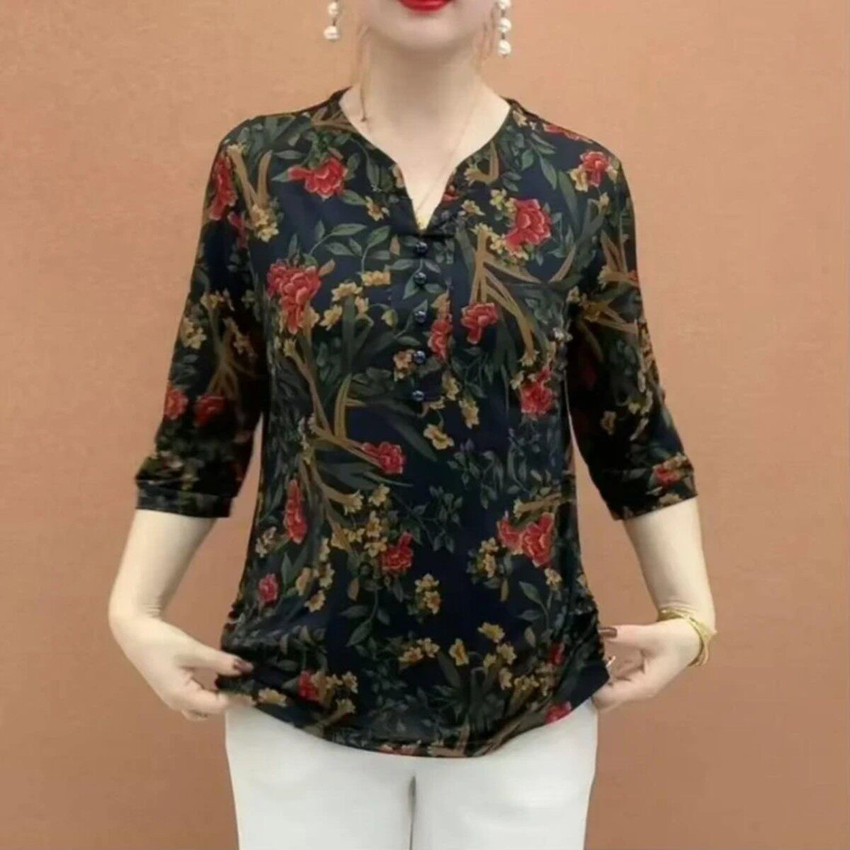杨慕星辰优选6号店夏季新款五粒扣立领小衫时尚百搭妈妈装老年人