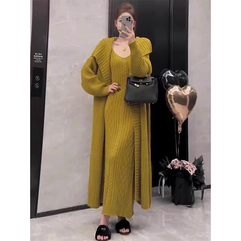 秋冬女装慵懒风针织两件套中长款开衫+连衣裙高级感显瘦毛衣开衫