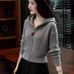 灰色绞花纹双拉链连帽针织开衫外套女秋冬宽松慵懒风软糯短款毛衣