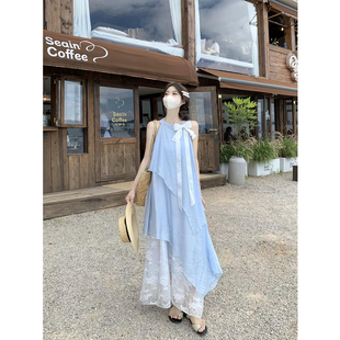 韩系设计感蝴蝶结背心连衣裙女2026夏季新款不规则网纱拼接长裙子