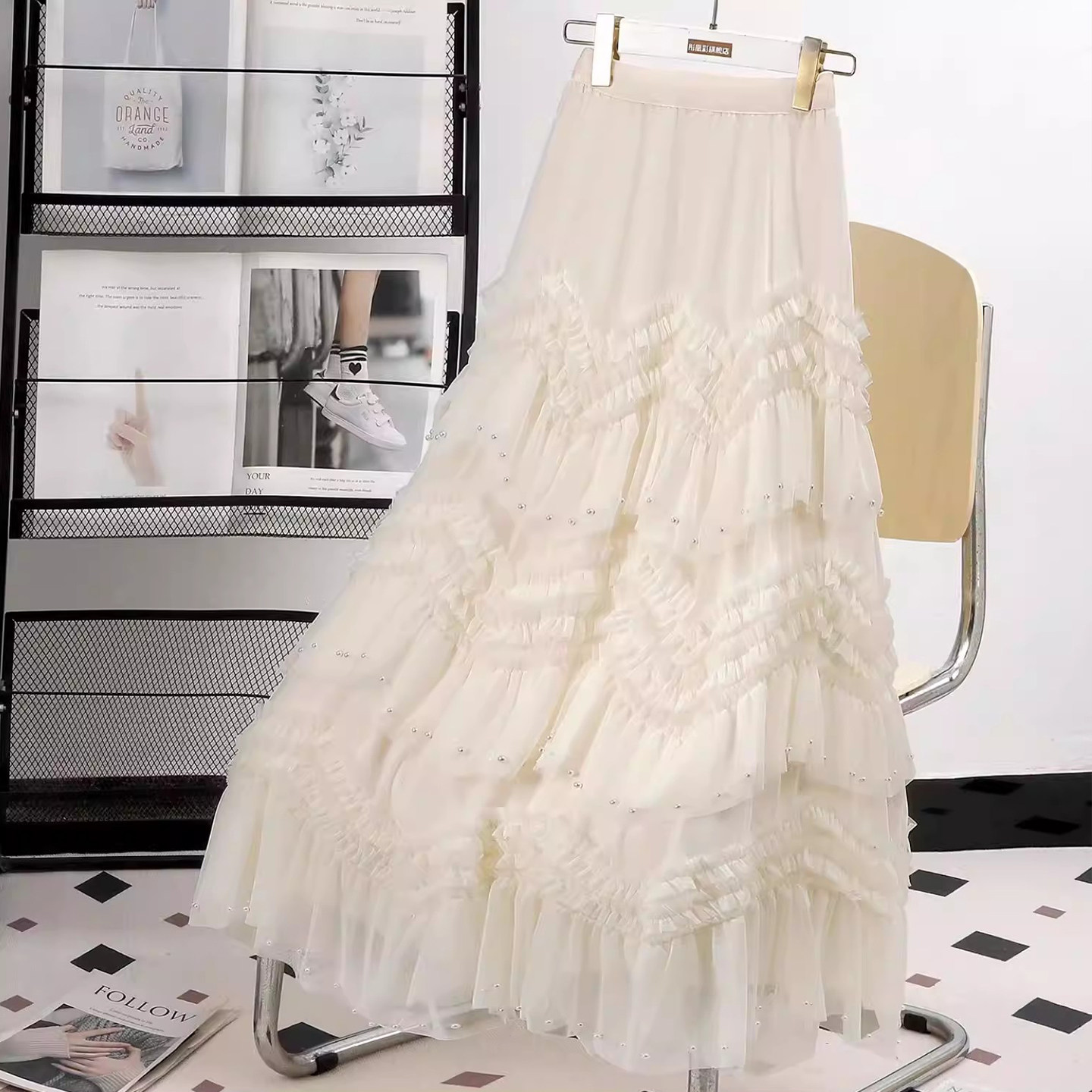 杏色不规则网纱半身裙女春秋季新款法式超仙蓬蓬蛋糕纱裙长裙衬裙