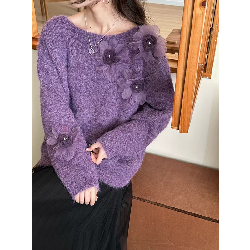 韩系慵懒风立体花朵紫色针织衫女2025秋冬新款宽松显瘦毛衣上衣潮
