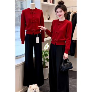 冬季高端时髦洋气氛围感盘扣立领毛衣百搭高级感新中式红色针织衫