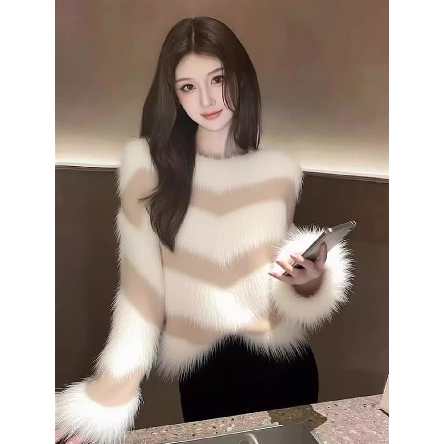 秋冬新款软奶系毛绒毛衣女V领条纹针织衫韩系高级感显白百搭上衣