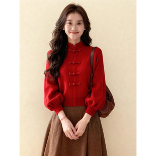 新中式红色立领盘扣粗线毛衣2025秋季独特超好看短款灯笼袖针织衫