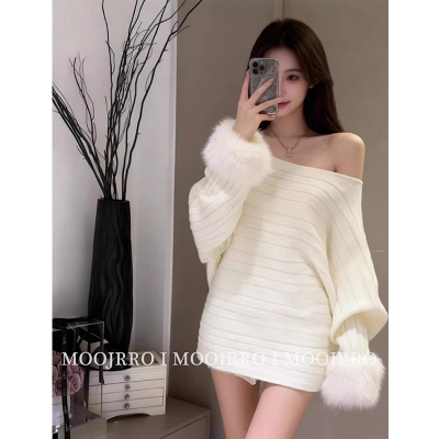 白色一字肩毛衣连衣裙女秋冬季高级感针织裙小个子修身显瘦短裙子