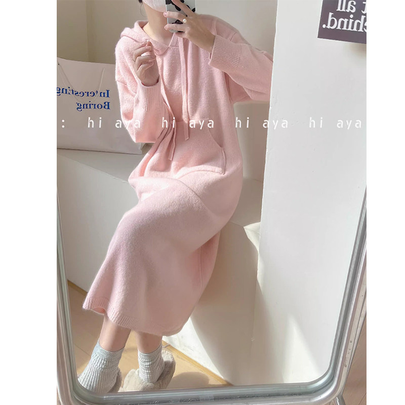 韩系慵懒风宽松休闲连帽毛衣裙秋冬新款外穿针织长款过膝连衣裙女