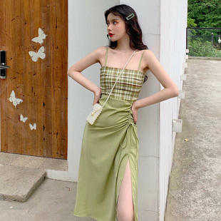格子褶皱吊带裙女 新款 小个子法式 设计感气质名媛连衣裙2022年春季