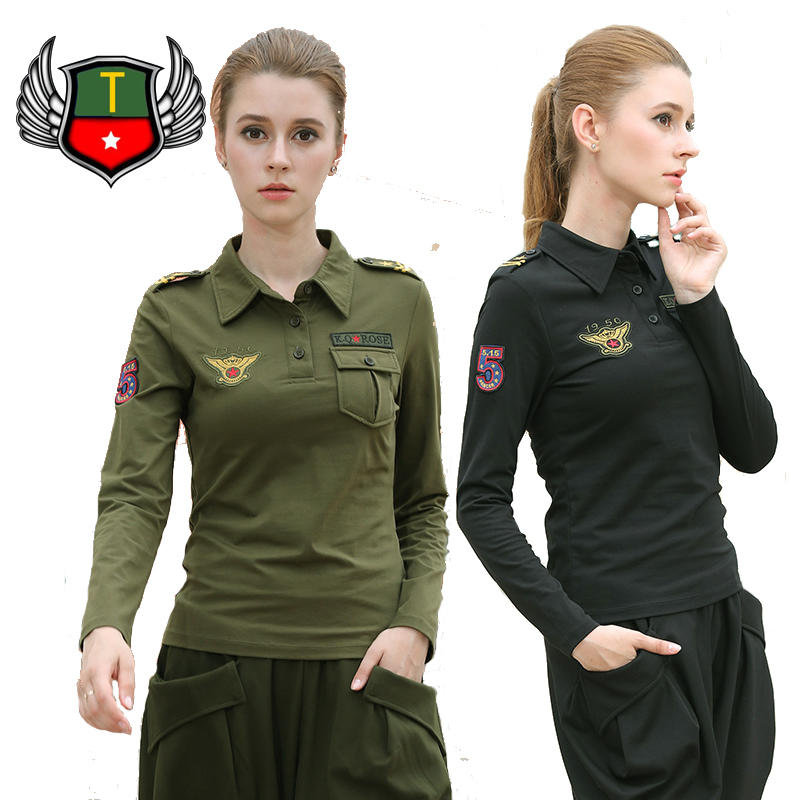 夏款纯棉翻领女长袖水兵舞服装军绿黑色短袖T恤广场舞服军迷军迷