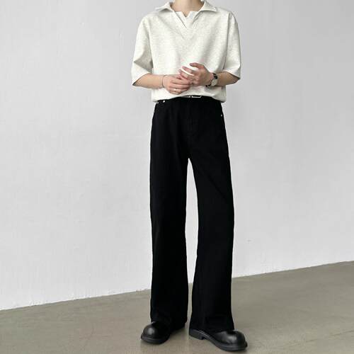 男笙 春季cleanfit黑色微喇牛仔裤2021M直筒A字宽松14盎司牛仔裤