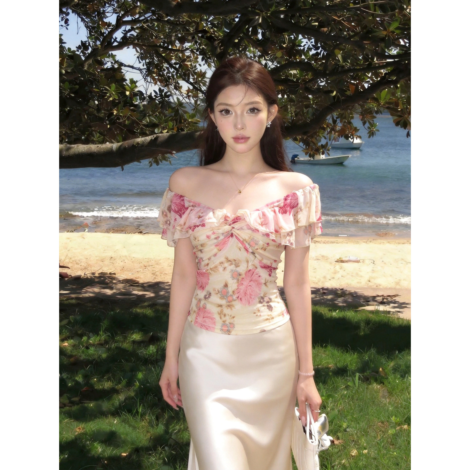 虞美人*仙美露肩碎花上衣女高弹紧密网纱气质显瘦性感修身约会T恤