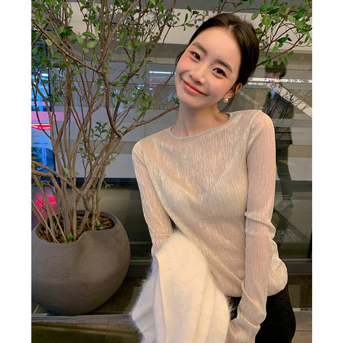 高级感银丝质感女长袖修身T恤｜