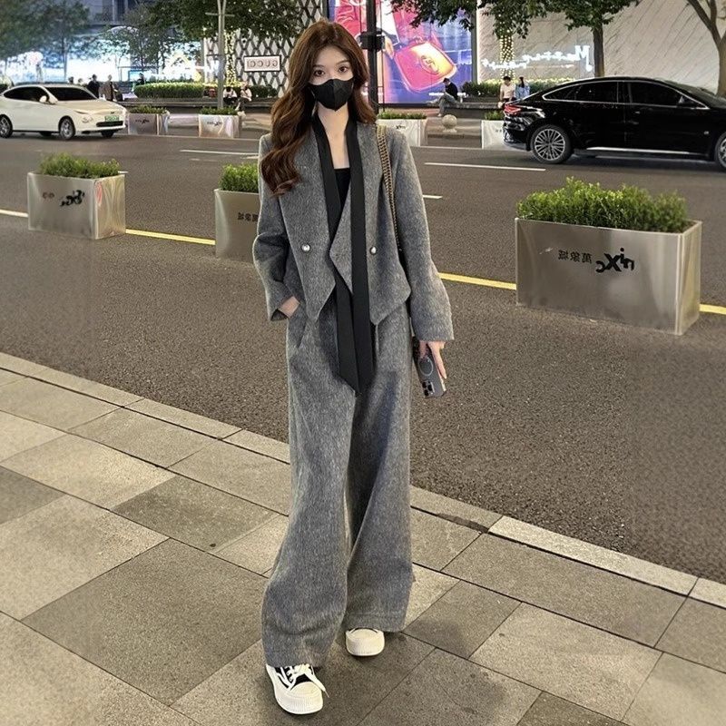 时尚高级飘带毛呢西装外套女秋休闲筒裤秋冬新款两件套套装韩版