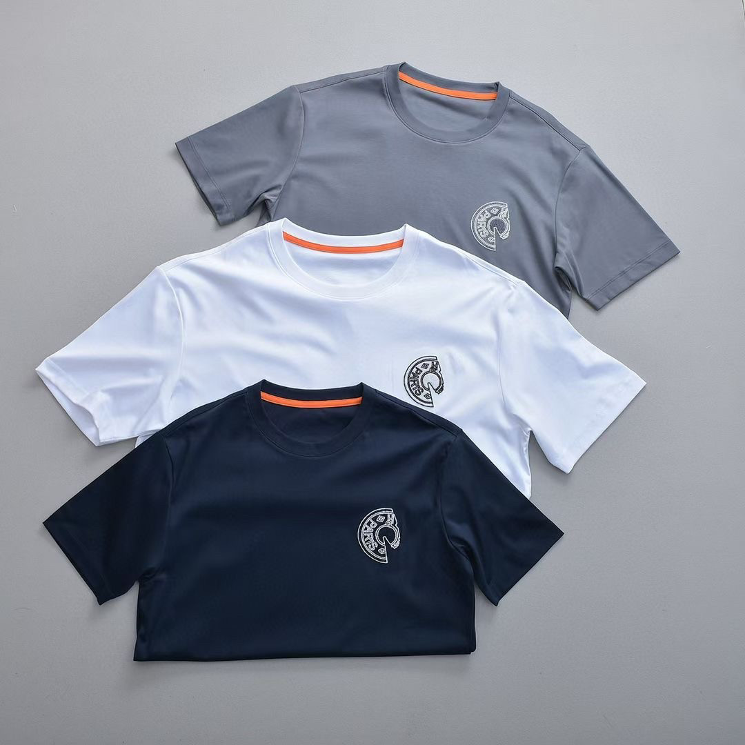 轻奢简约弹力液氨双丝光棉面料 毛巾绣马头男士修身短袖圆领T恤衫