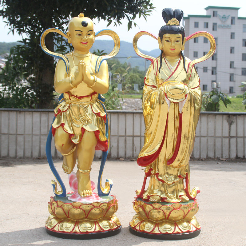 厂家直销树脂童男童女 1米1站金童玉女 贴金彩绘观音弟子童男童女