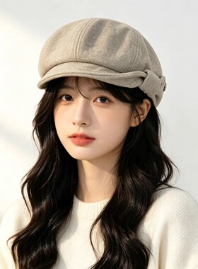 新款时尚潮流帽子复古百搭毛呢报童帽女秋冬保暖高级感帽子贝雷帽