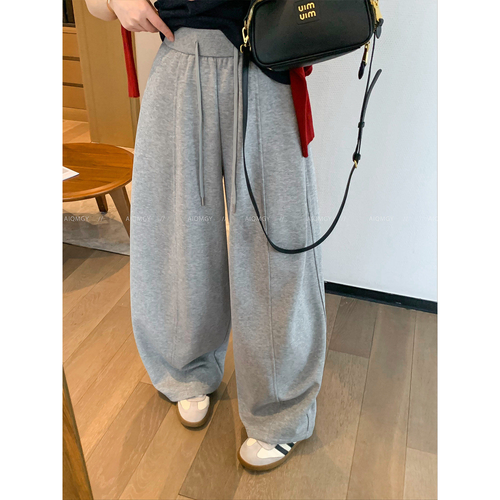 爱情魔鬼鱼 灰色抽绳休闲卫裤女2026春季新款高腰宽松阔腿拖地裤