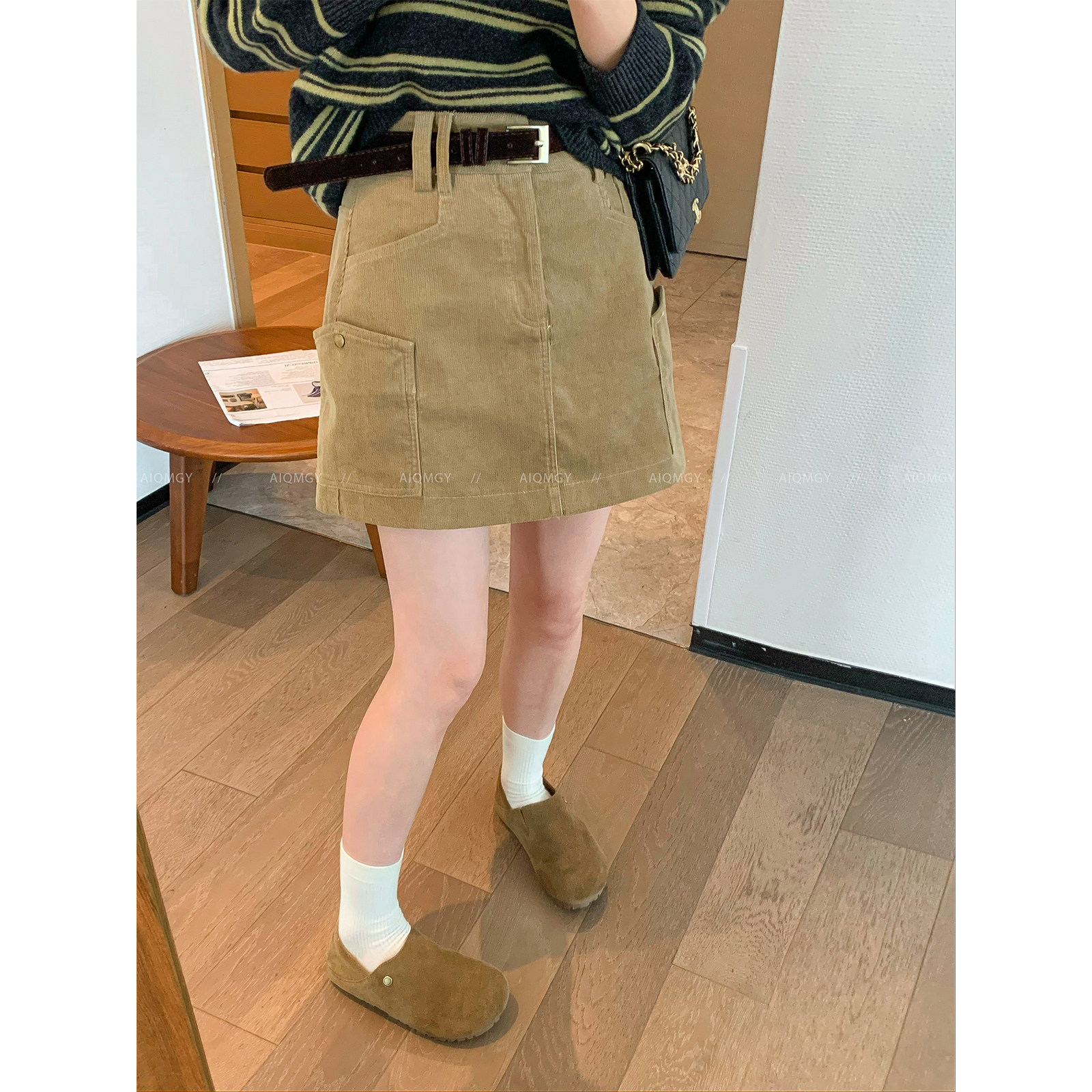 爱情魔鬼鱼 卡其色配腰带直筒半身裙女2025秋冬新款显瘦高腰短裙,女装/女士精品,半身裙,淘宝优惠券,粉丝福利购,淘宝优惠卷