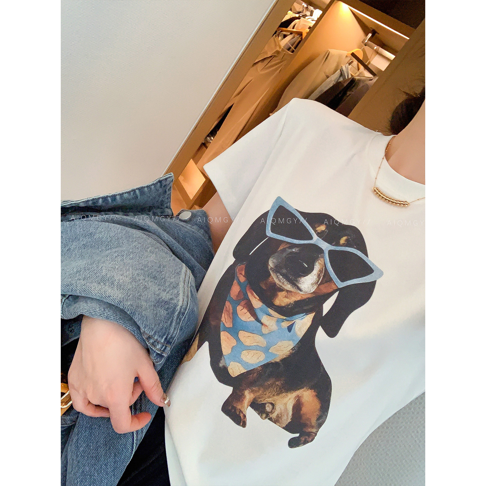 爱情魔鬼鱼 短袖圆领眼镜狗狗印花T恤女2026春季新款时尚百搭上衣