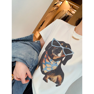 时尚 爱情魔鬼鱼 新款 圆领眼镜狗狗印花T恤女2026春季 百搭上衣 短袖