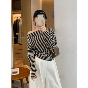 韩系时尚 爱情魔鬼鱼 新款 条纹斜领露肩T恤女2026春季 减龄上衣 长袖