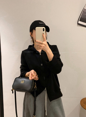 爱情魔鬼鱼 黑色双拉链连帽卫衣女2026春季新款显瘦百搭开衫上衣