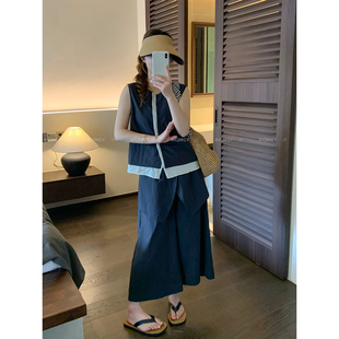 爱情魔鬼鱼 休闲套装女2026夏季新款拼接马甲背心休闲裤两件套