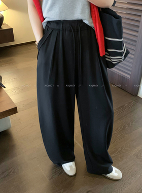 爱情魔鬼鱼 黑色松紧腰休闲裤女2026春季新款宽松阔腿裤拖地长裤