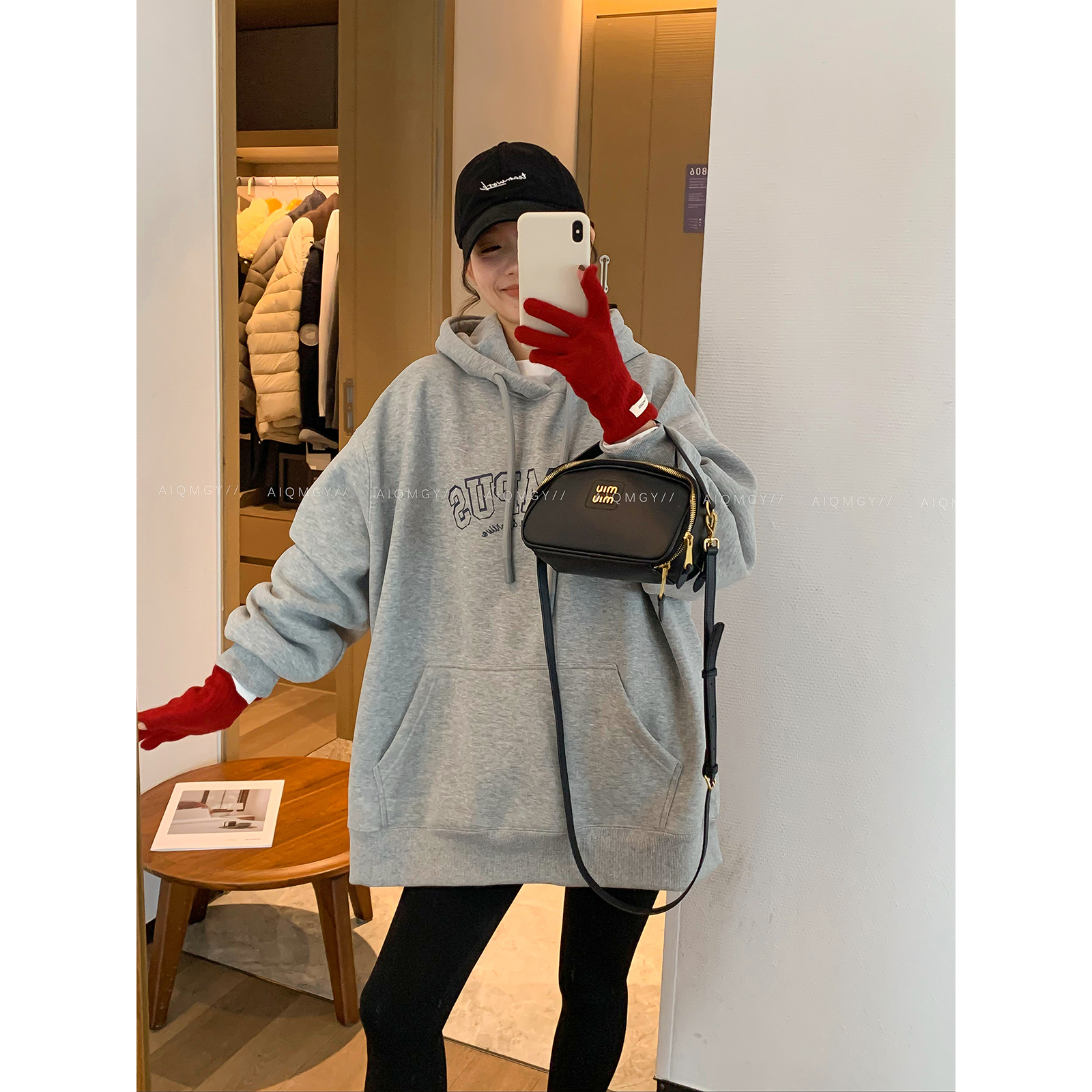 爱情魔鬼鱼 灰色中长款连帽字母卫衣女2025冬季新款宽松休闲上衣