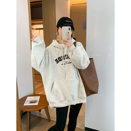 爱情魔鬼鱼 花灰色连帽字母加绒卫衣女2025冬季新款宽松休闲上衣