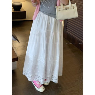 时尚 新款 A字长裙子 白色镂空花边钩花半身裙女2026春季 爱情魔鬼鱼