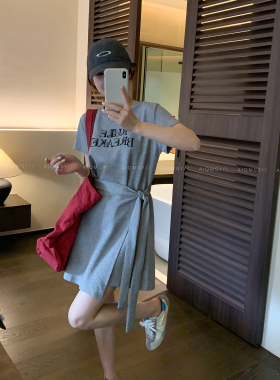 爱情魔鬼鱼 灰色系带短袖圆领字母T恤连衣裙女2026夏季新款短裙子