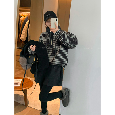 爱情魔鬼鱼条纹半拉链连帽卫衣