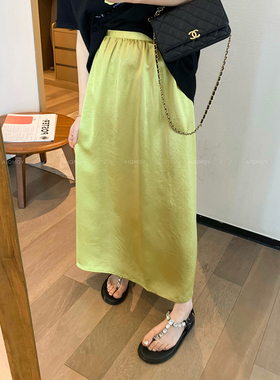爱情魔鬼鱼 绿色醋酸高腰半身裙女2026夏季新款宽松显瘦直筒长裙