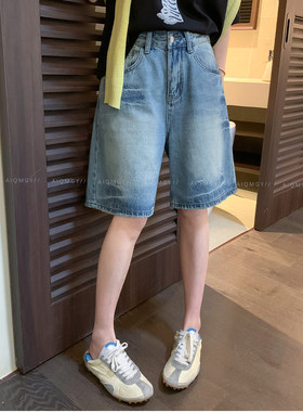 爱情魔鬼鱼 浅蓝色水洗五分牛仔裤女2026夏季新款宽松阔腿短裤子